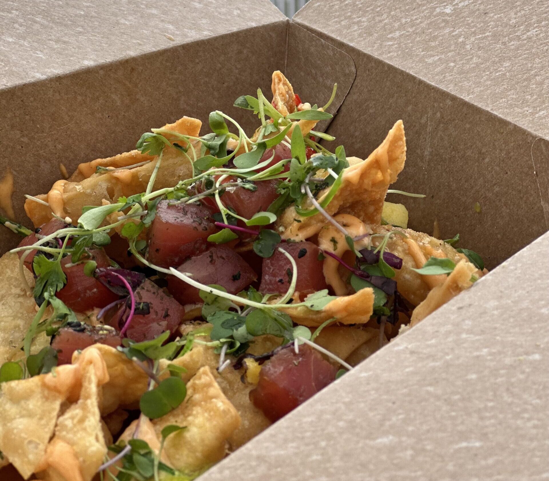 a close up of a special order of poke nachos served on Catalina Island